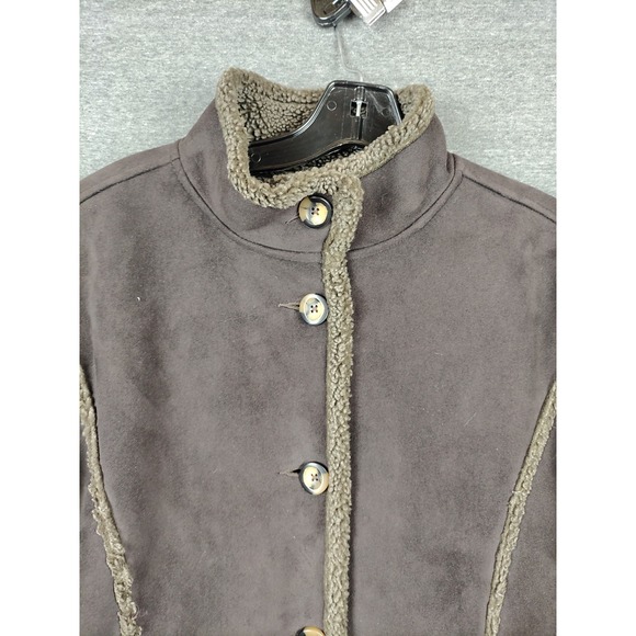LL Bean Womens Jacket Medium Brown Sherpa Fleece Faux Suede VTG Cabincore Cozy‎ - Picture 2 of 9